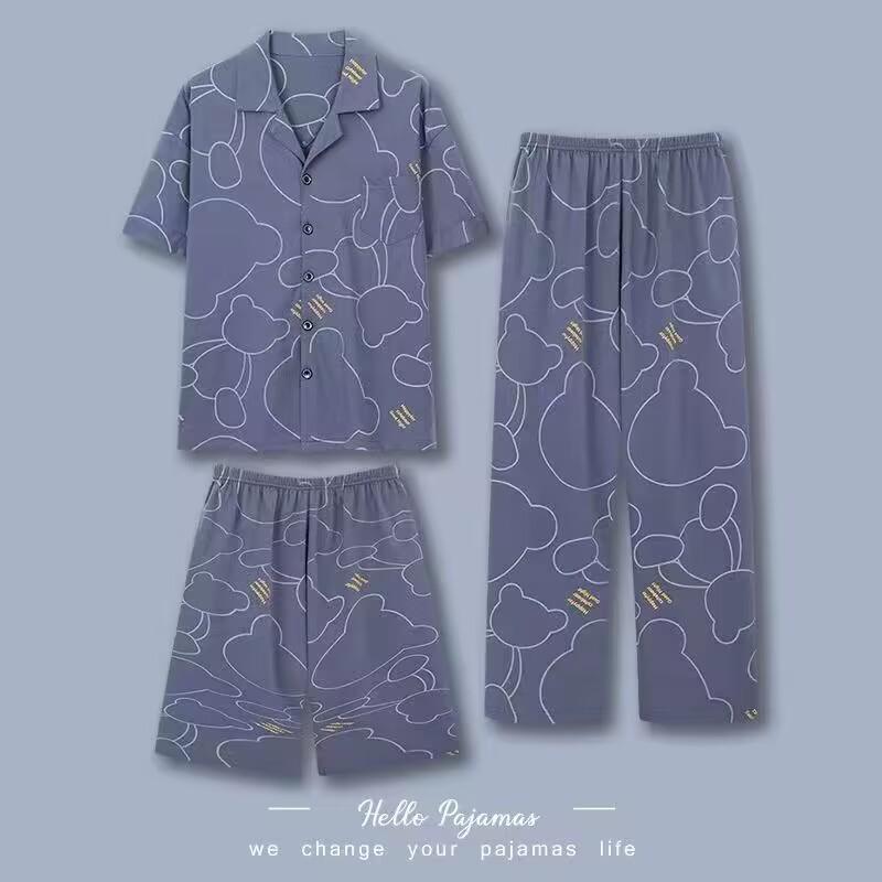 Мужская пижама, домашняя одежда, комплект из трех предметов из хлопка, мужские весенне-летние шорты с короткими рукавами, легкая пижама, домашняя одежда