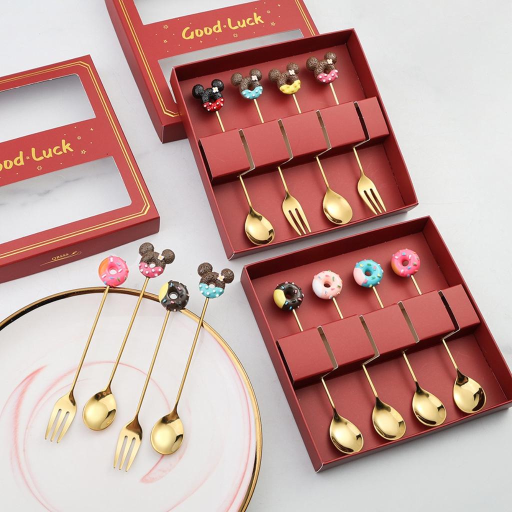 Набор столовых приборов из нержавеющей стали 4 шт. - Многоразовые чайные ложки для коктейлей, мультяшные и в форме пончиков