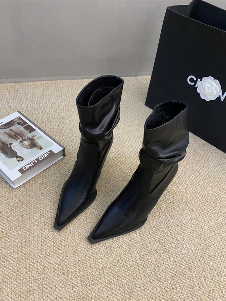 Остроносые плиссированные ботфорты для женщин на осень 2024 года, короткие ботинки на тонком каблуке, короткие ботинки на высоком каблуке