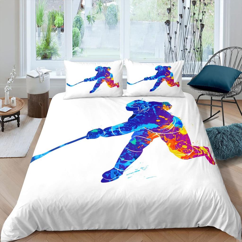 Ice Hockey Duvet Cover Twin Hockey Sports Player Bedding Set Winter Extreme Sports Game Comforter Cover Set Sports Arena Bedding