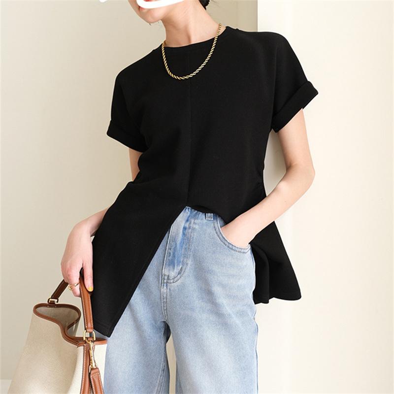 2022 Summer Solid Simple Elegant Ladies Tops Fashion Harajuku Dovetail Split Design Short Sleeve Tshirts Women O-neck Folds Slim