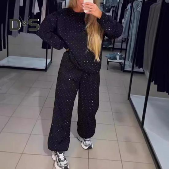 2 шт./комплект женский топ брюки костюм круглый вырез длинный рукав стразы декор толстовка эластичный пояс широкие брюки повседневная одежда спортивный наряд осень