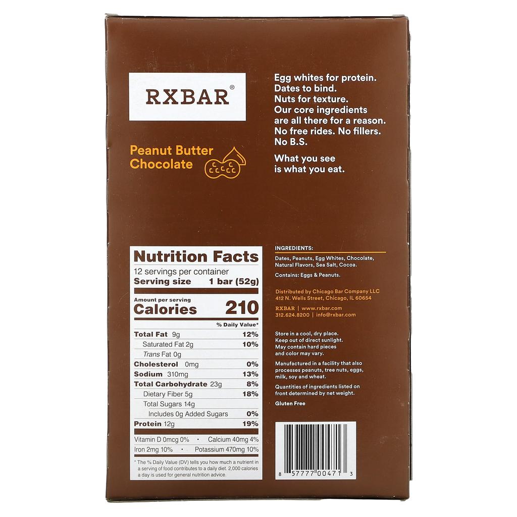 RXBAR Protein Bar, Peanut Butter Chocolate, 12 Bars, 52g (1.83oz) Each