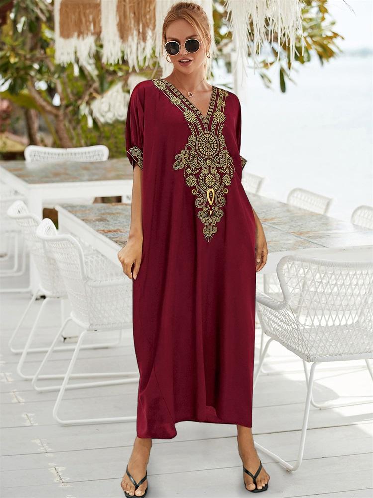 EDOLYNSA Bohemian Plus Size Embroidered Kaftan V-neck Puff Sleeve Casual House Dress 2024 Women Summer Beachwear Swimsuit Cover-ups Q1581