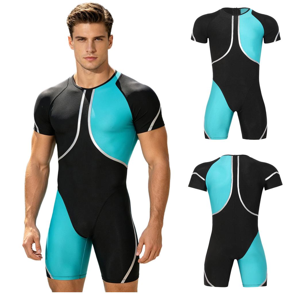 Men‘s Metallic Trim Color Block Swim Jumpsuit Short Sleeve Thigh Length Bodysuit with Back Hidden Zipper for Swimming Training