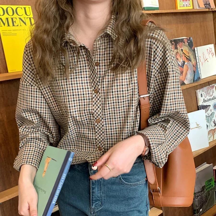 Весна Осень Клетчатые Рубашки Женские Ретро Отложной Воротник Блузки Пуговицы Элегантные Длинные Рукава Верхняя Одежда Femme