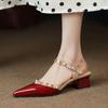 New Women's Rivets Sandals Patent Leather Shoes for Woman Mid Heels Ankle Strap 2025 Summer Pointed Toe