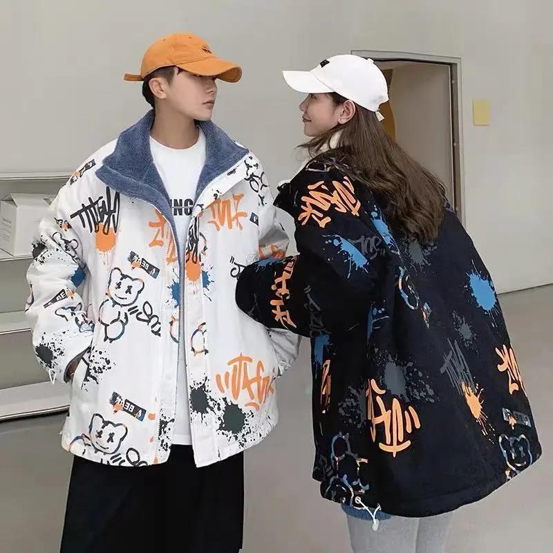 New Fashion Autumn and Winter Both Sides Wear Lamb Wool Cotton Coat Couple Lovers Thickened Loose Top Clothes Print