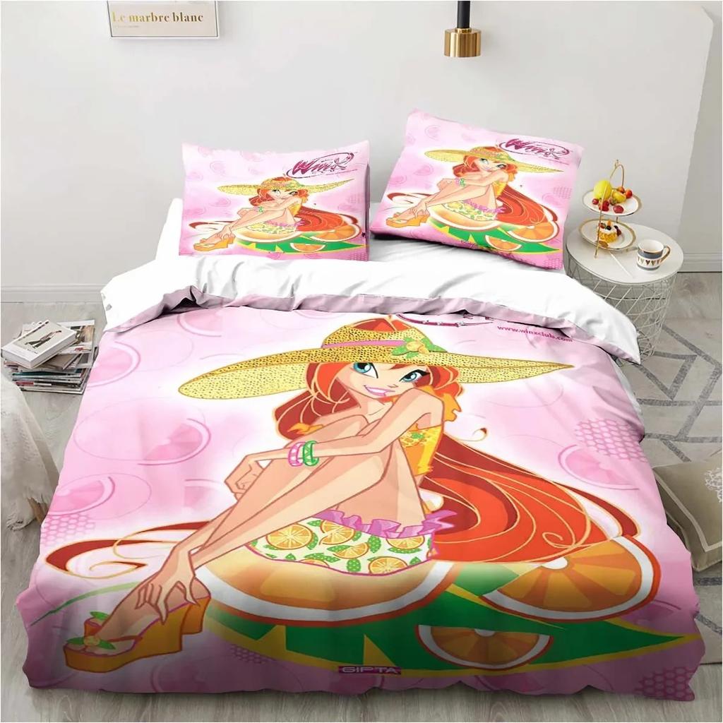 Kawaii Anime Winx Комплект постельного белья Кровать из трех предметов Односпальная двуспальная кровать размера King Size Комплект постельного белья для взрослых и детей Подарок для детей