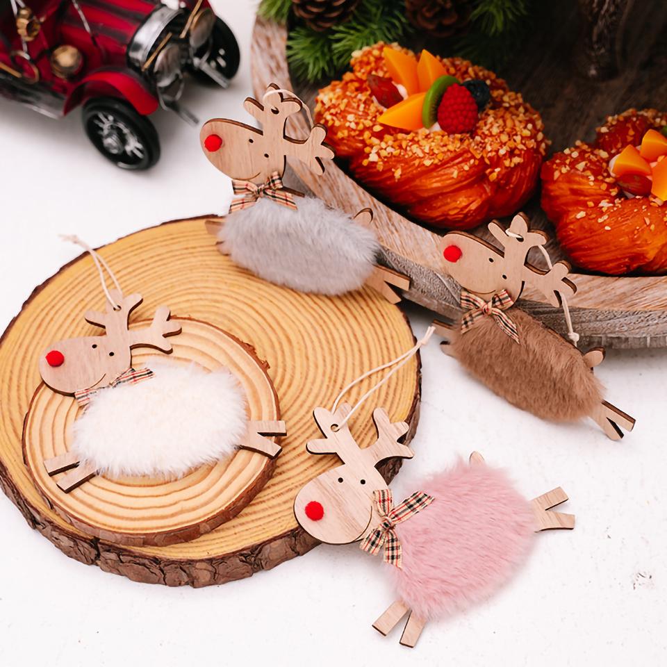 Christmas Elk Hanging Ornament Gifts Wooden Reindeer Plush Pendants Christmas Tree Decor