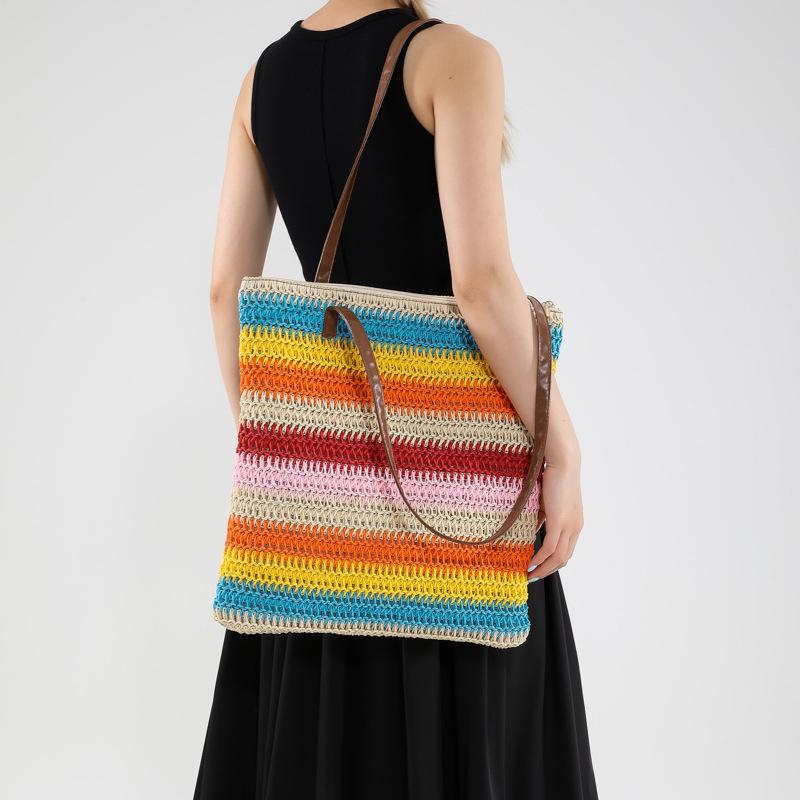 Women Fashion Striped Summer Beach Straw Knitting Shoulder Bag Handwoven Handbags Portable Large Capacity Casual Tote CLE