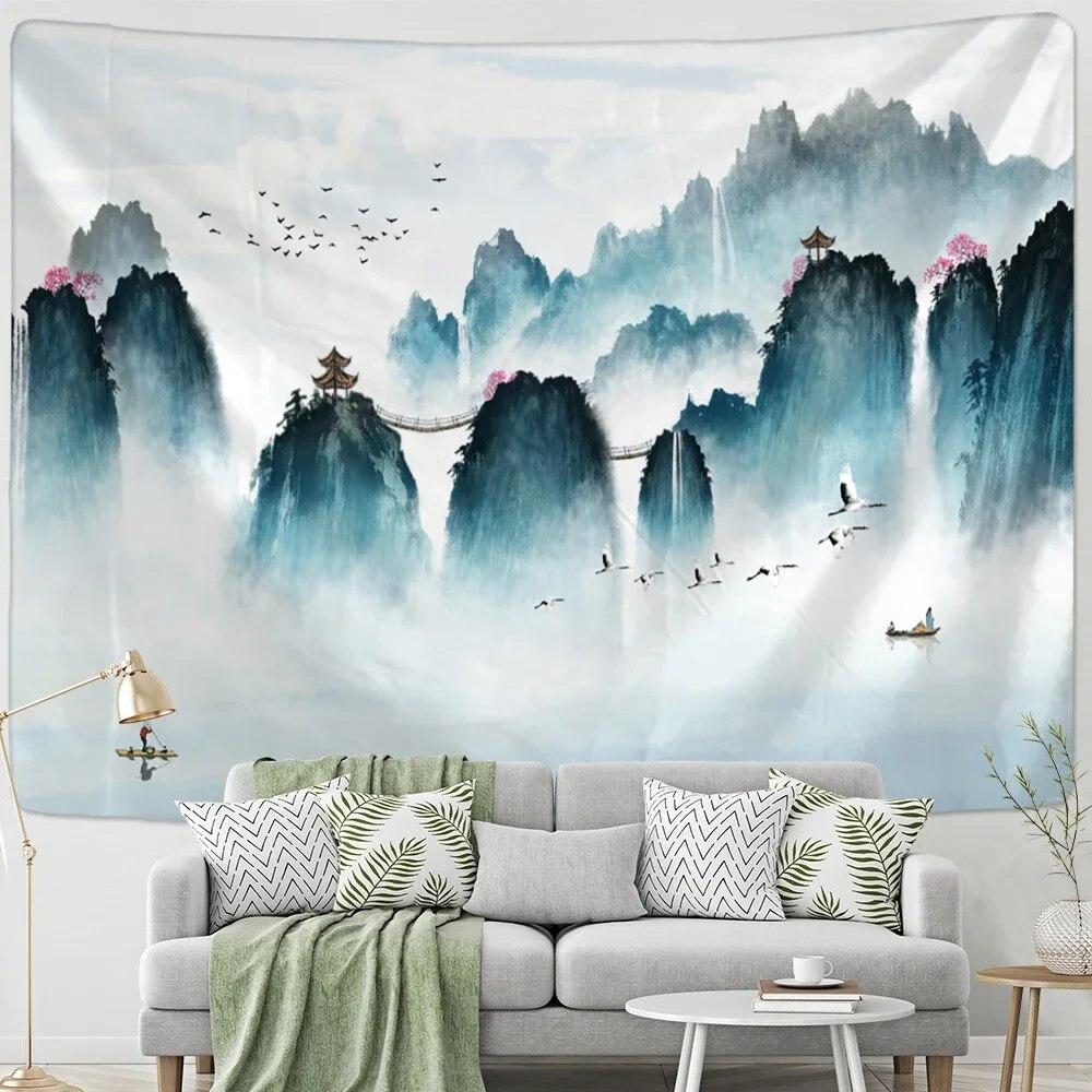 Chinese Lotus Tapestry Wall Hanging Psychedelic Hippie Bohemian Style Art Painting Bedroom Living Room Home Decor