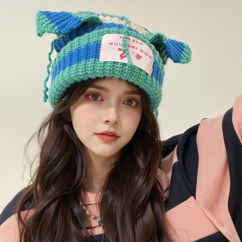 1PC Spliced Colors Fashionable Knitted Hat Keep Warm Gathering Take Photos Pig Ears Thickened Cute Festival New Style