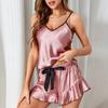 Solid Sexy Suspender Pajamas Set for Women  Summer Sleeveless Top Shorts Women's Sleepwear 2 Piece Set Casual Satin Suit