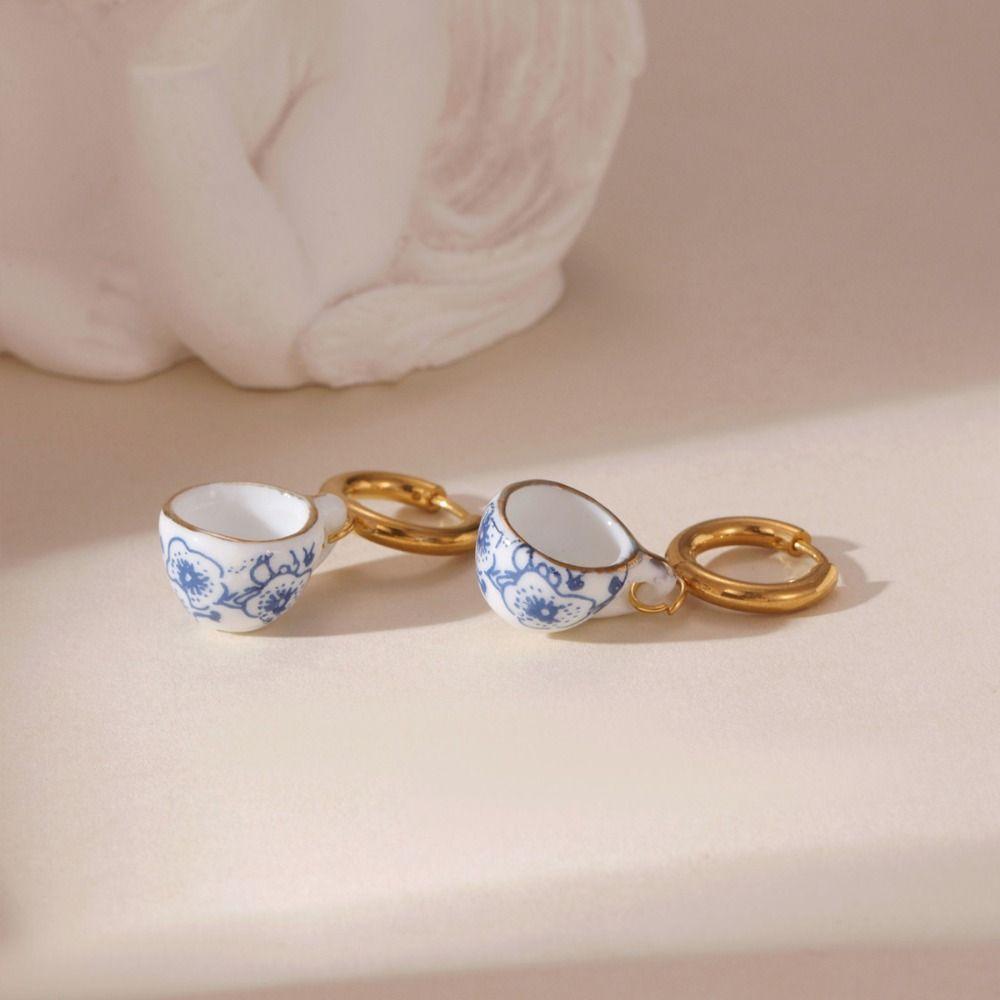 Chinese Style Blue and White Porcelain Earrings Dripping Oil Gold Enamel Hoop Earrings  Women