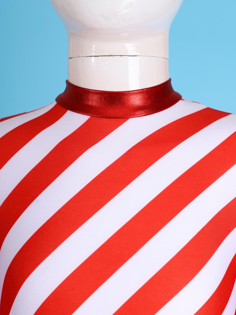 Kids Girls Candy Cane Striped Christmas Costume Long Sleeve Bow-knot Long Bodysuit Dance Jumpsuit Costume Dancewear