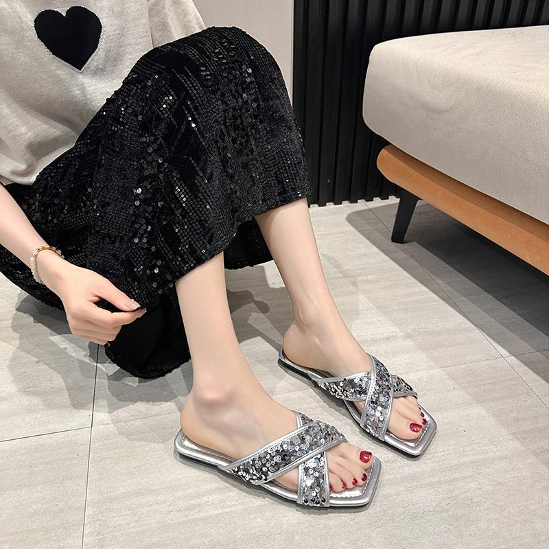 2024 Новые летние женские туфли с открытым носком, расшитые блестками, модные женские туфли на плоской подошве, однотонные, большого размера, повседневные женские пляжные тапочки