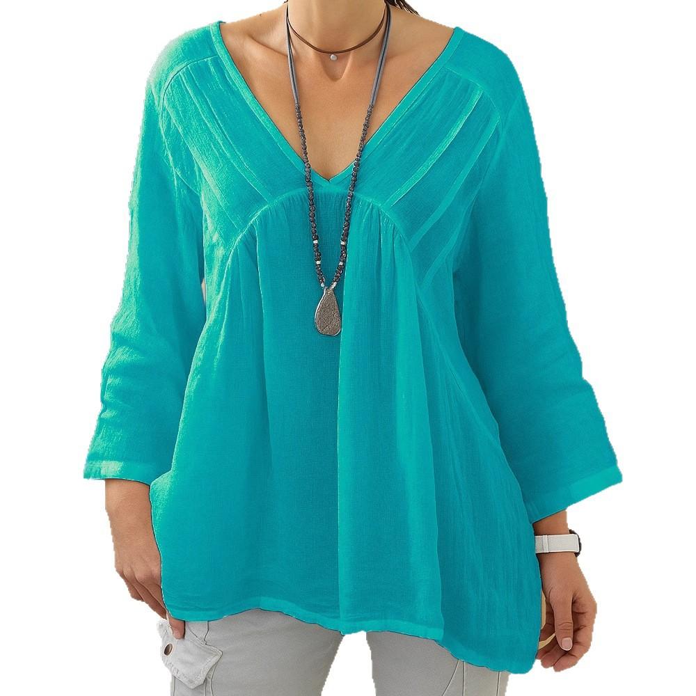 Новая женская повседневная футболка с V-образным вырезом, длинным рукавом, свободного кроя, однотонная, многоцветная