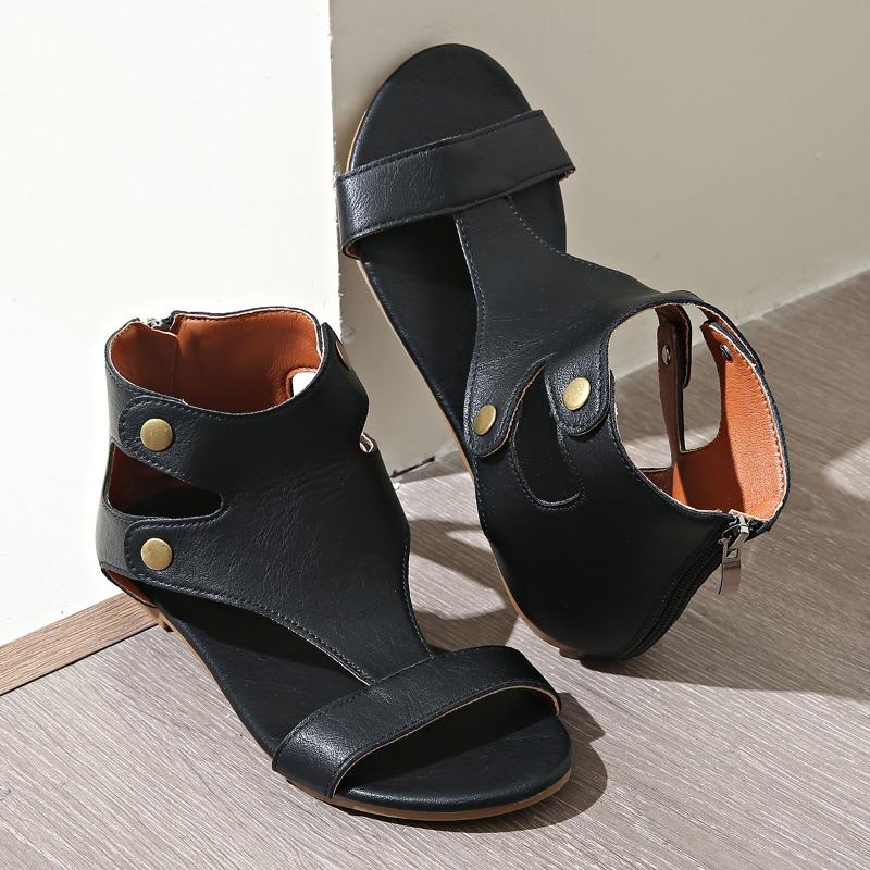 Fashion Shoes for Women 2025 Brand Back Zipper Women's Sandals Fashion Plus Size Rivet Casual Open Toe Soft Bottom Light Flat Sandals