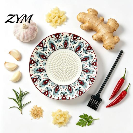 Sturdy Ceramic Food Grater Garlic Ginger Grater, 2-in-1 Manual Shredder Plate for Kitchen Cooking, Flat Compact Prep Tool Base Easy-Clean Fresh Fruit