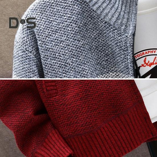 Men Autumn Winter Sweater Coat Stand Collar Thick Plush Color Matching Knitted Elastic Zip-up Long Sleeves Pockets Mid Length Daily Wear Jacket