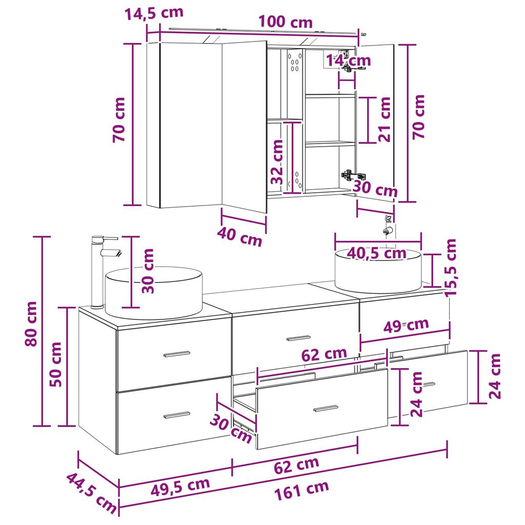 Bathroom Furniture Set 4 pcs Black Oak Engineered Wood and Glass