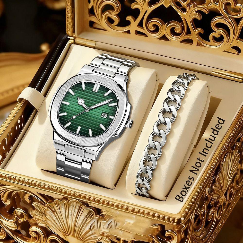 LP62 New 4pcs Alloy Square Men Quartz Movement Watch Waterproof Business Watch Cross Necklace Bracelet Ring Set Selected Gift
