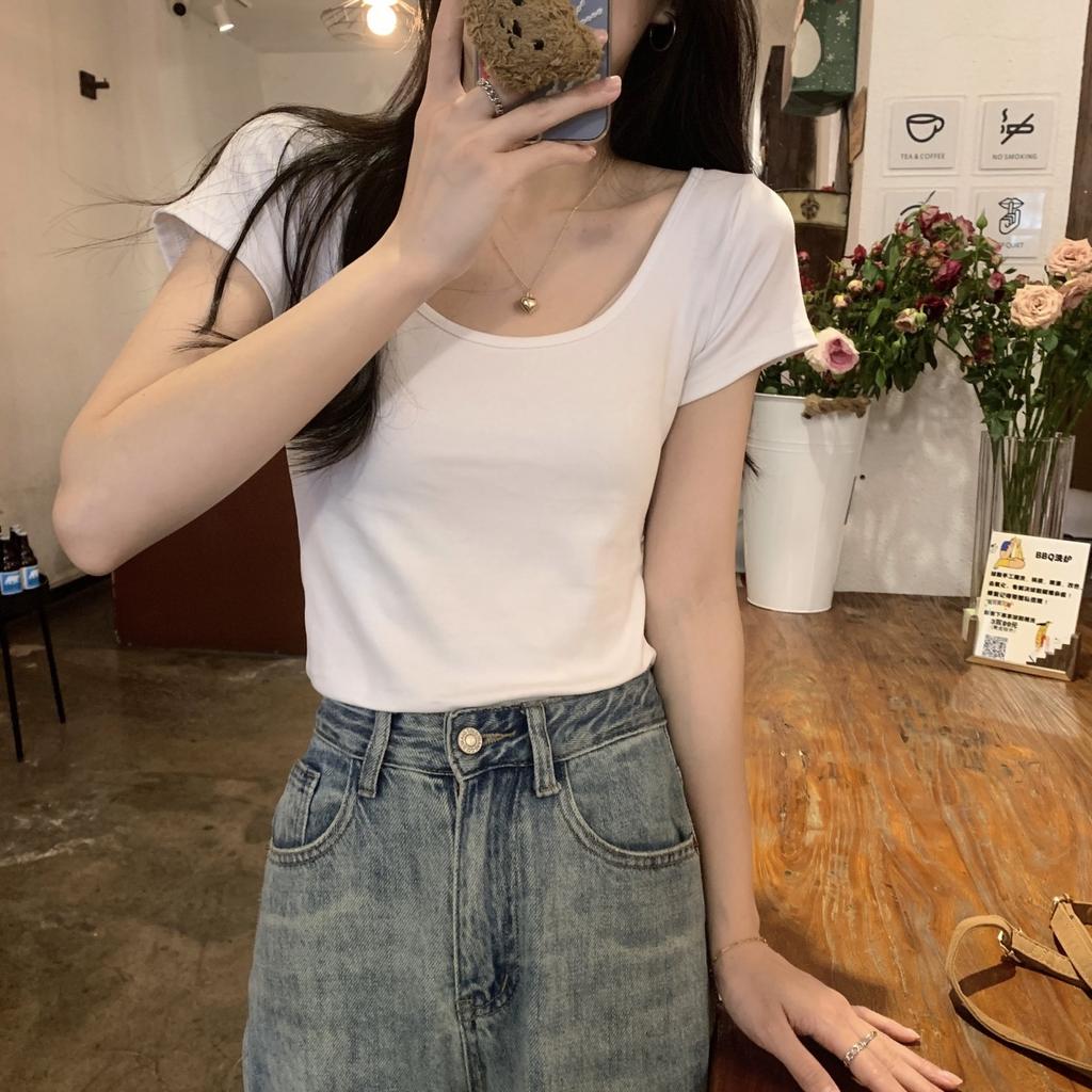 Summer Versatile Large Crew Neck Exposed Clavicle Skinny Slim Design Short Sleeve T-Shirt Women's Top