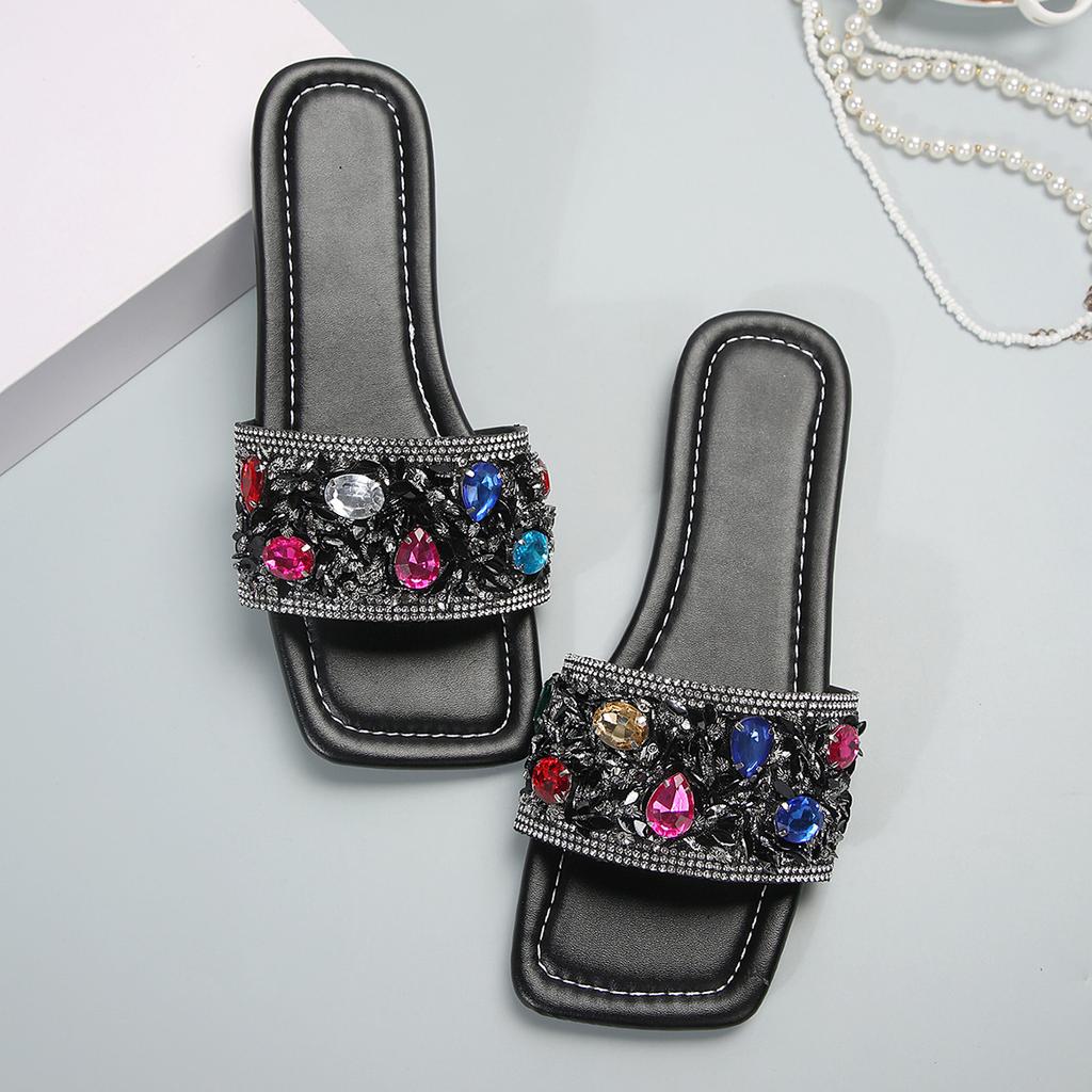 Серебряные блестящие тапочки женские летние на грубых каблуках цветные модные босоножки со стразами на плоской подошве женские туфли размер 43