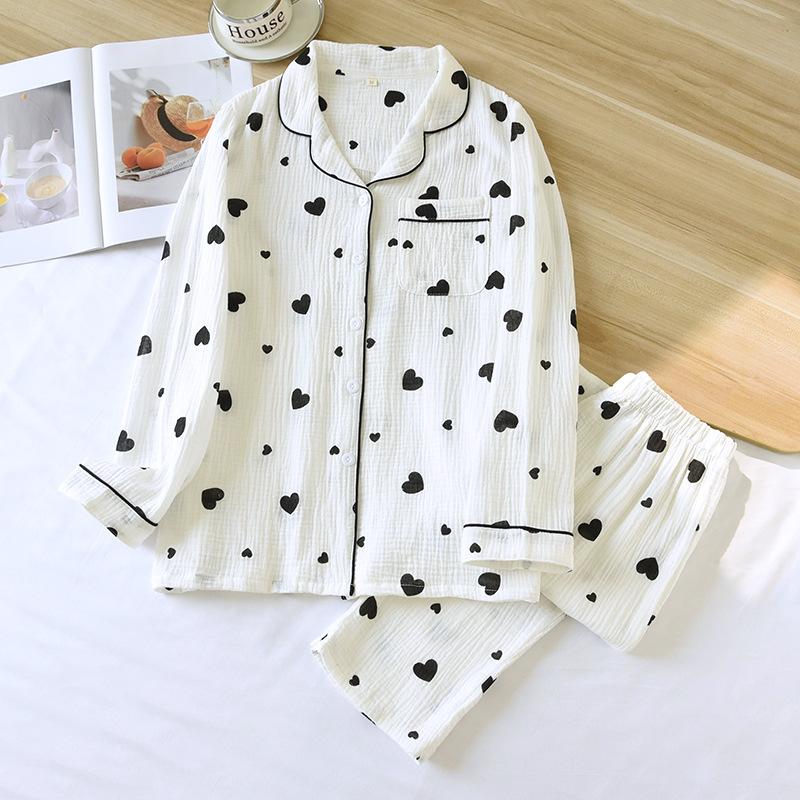 New Spring and Summer Women's Pajamas Long-sleeved Trousers Two-piece Set 100% Cotton Crepe Love Lapel Home Wear Set