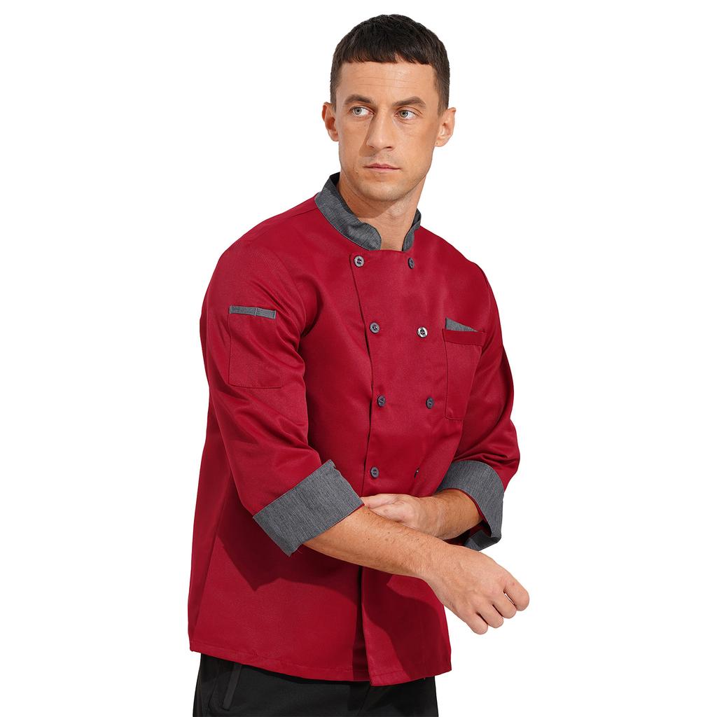 Unisex Double Breasted Chef Coat Long Sleeve Stand Collar Contrast Trim Cook Jacket for Restaurant Hotel Kitchen Staff