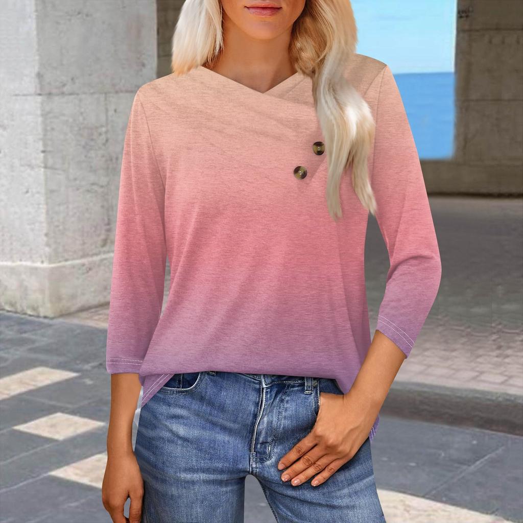 Женская модная повседневная футболка с принтом в виде градиента, рукавами-семиточками, V-образным вырезом и застежкой на пуговицы