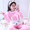 Thickened Warm Flannel Women Pajamas Loungewear Striped Top and Trousers Sleepwear Homewear Cartoon Rabbit Panda Nightwear