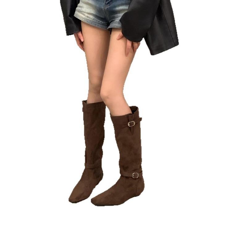 Coarse Heel Suede Brown Skinny Boots Women's Boots New Autumn and Winter Square Head Pile Boots Knight Boots