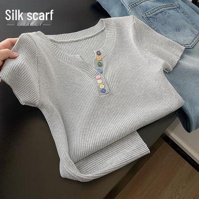 Женский вязаный топ Si Ba She с V-образным вырезом и коротким рукавом