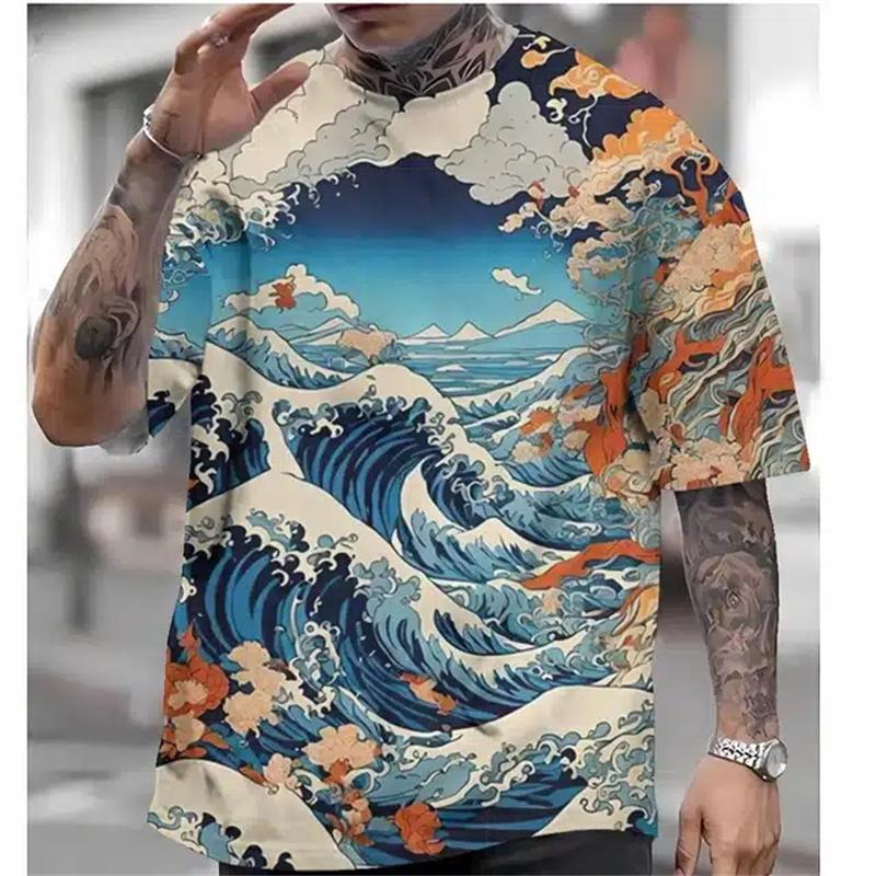 Japanese Ukiyo-E Printed Men's T-Shirt Vintage Summer Men's Short-Sleeved T-Shirt Oversized Round Neck Top Street Harajuku Tops