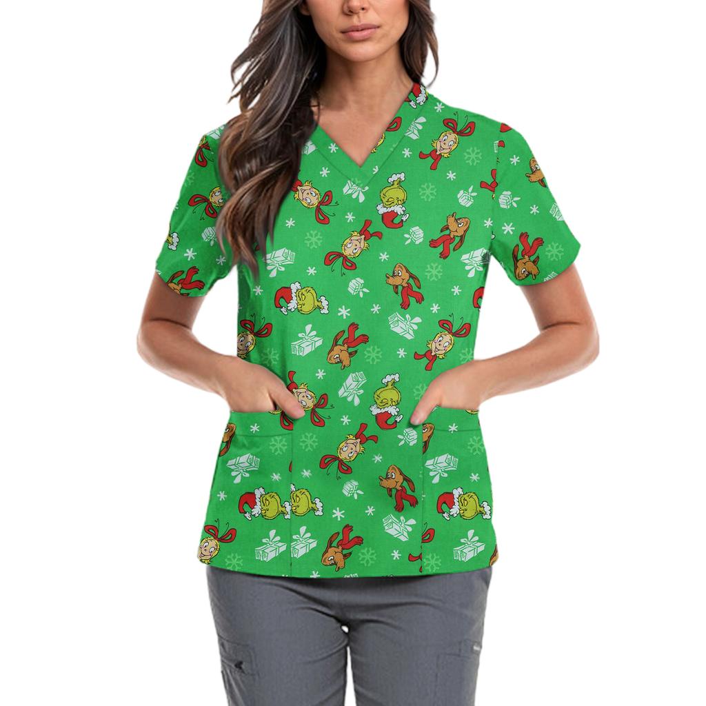 Женская милая блузка с принтом бантиков, рабочая одежда, V-образный вырез, двойной слой, карманы, базовая, с коротким рукавом, пуловер