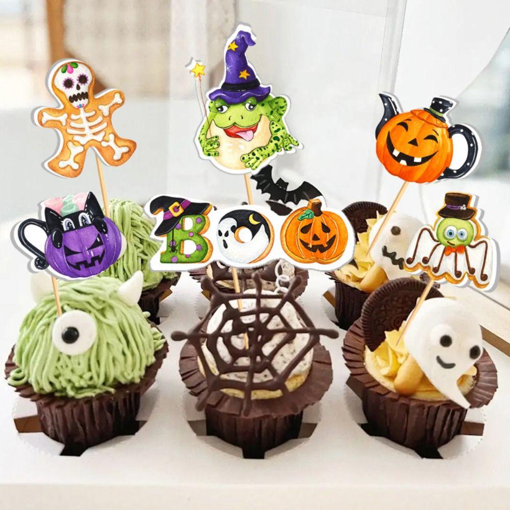 16Pcs Mini Cartoon Pumpkin Ghost Cake Inserts Creative Cupcake Plug-In Decoration  Home
