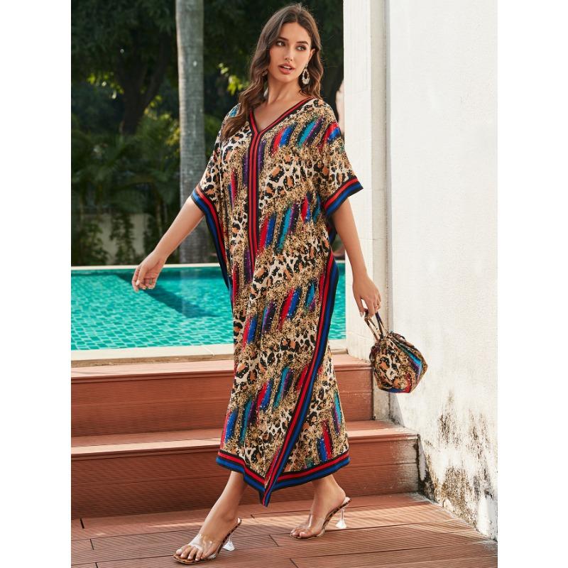 Женская мода лето весна леопардовый принт рукава 1/2 V-образный вырез свободная талия повседневные платья