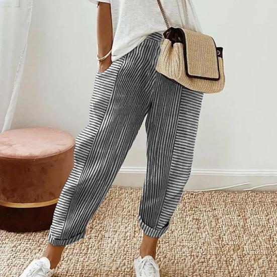 Women Casual Pants Elastic Waist Mid-rise Summer Jacquard Long Pants with Pockets Striped Print Loose Fit Trousers
