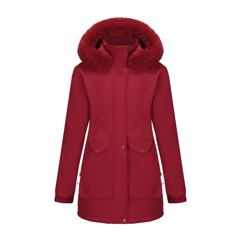 European and American-style Long Winter Parka for Women, with Fleece Lining and Large Fur Collar