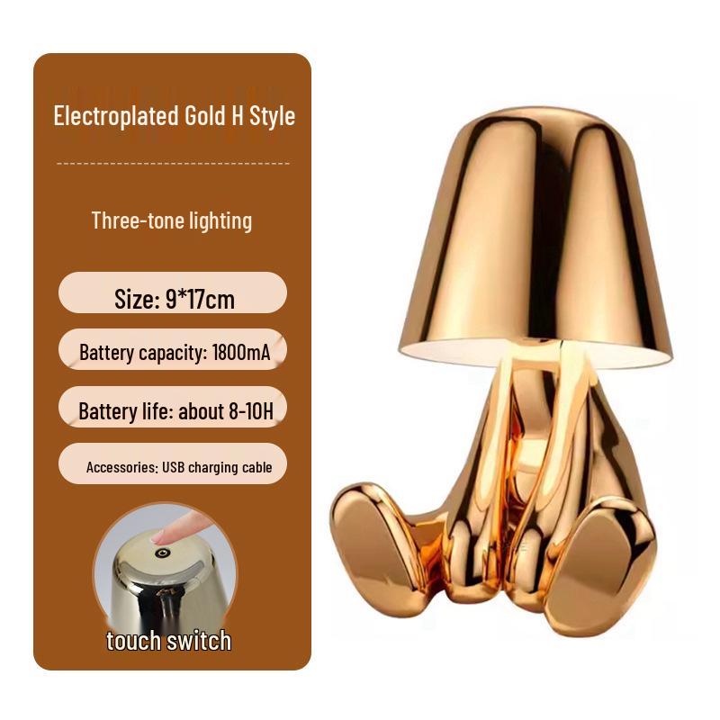 Creative Thinker Electroplated Gold Table Lamp: Rechargeable Night Light & Bedroom Ornament