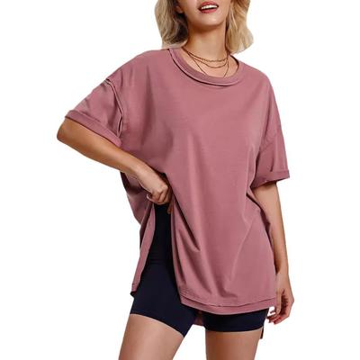 Летняя женская однотонная хлопковая свободная футболка с круглым вырезом и разрезами по бокам