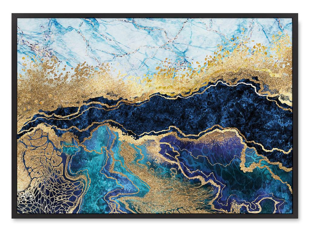 Poster Abstract Gold Blue Horizontal In Black Frame