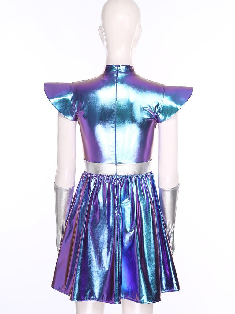 S-3XL Женский костюм для косплея инопланетянки, Металлическое блестящее платье, Вырез на шее и структурированные наплечники с перчатками для вечеринки в космической тематике