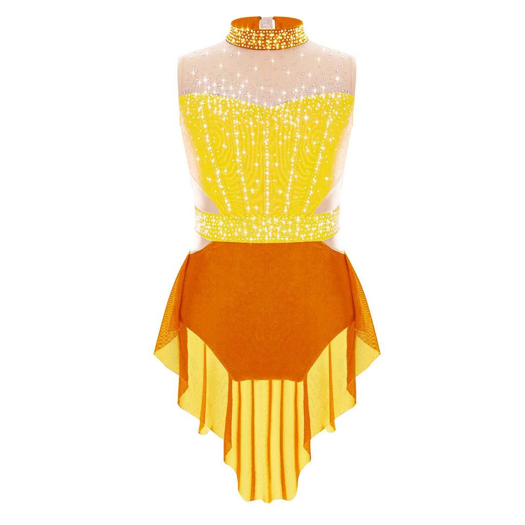 Девочки Спортивный купальник с высоким воротом, без рукавов, со стразами, цветной блок, сетчатая юбка