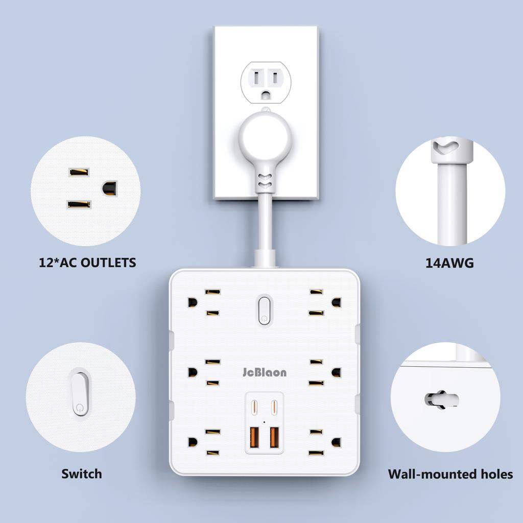 US Plug Power Strip Extender with 12 AC Outlets 4 USB Ports(2 Type-C) Fast Charge,Home Electrical Wall Socket Splitter,1875W 15A
