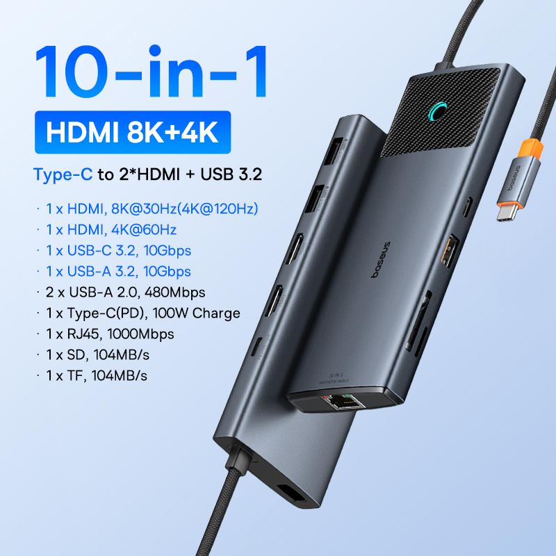 Baseus USB C ХАБ Двойной HDMI 8K 4K Адаптер 10-в-1 USB 3.2 10 Гбит/с Разветвитель с RJ45 SD TF Type C PD 100 Вт для MacBook Pro Air ХАБ