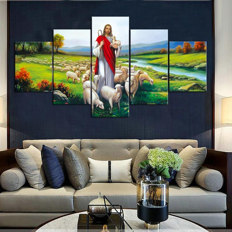 Jesus And Sheep Poster Painting 5 Pieces Canvas Wall Arts Christian Faith Picture Print Living Room Bedroom Mural Home Decor
