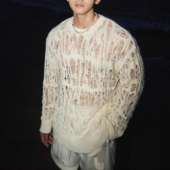 Men Tops Crew Neck Long Sleeve Knitted T-Shirt Men Clothing Retro Hollow-Out Mesh Knit Tops Spring Streetwear